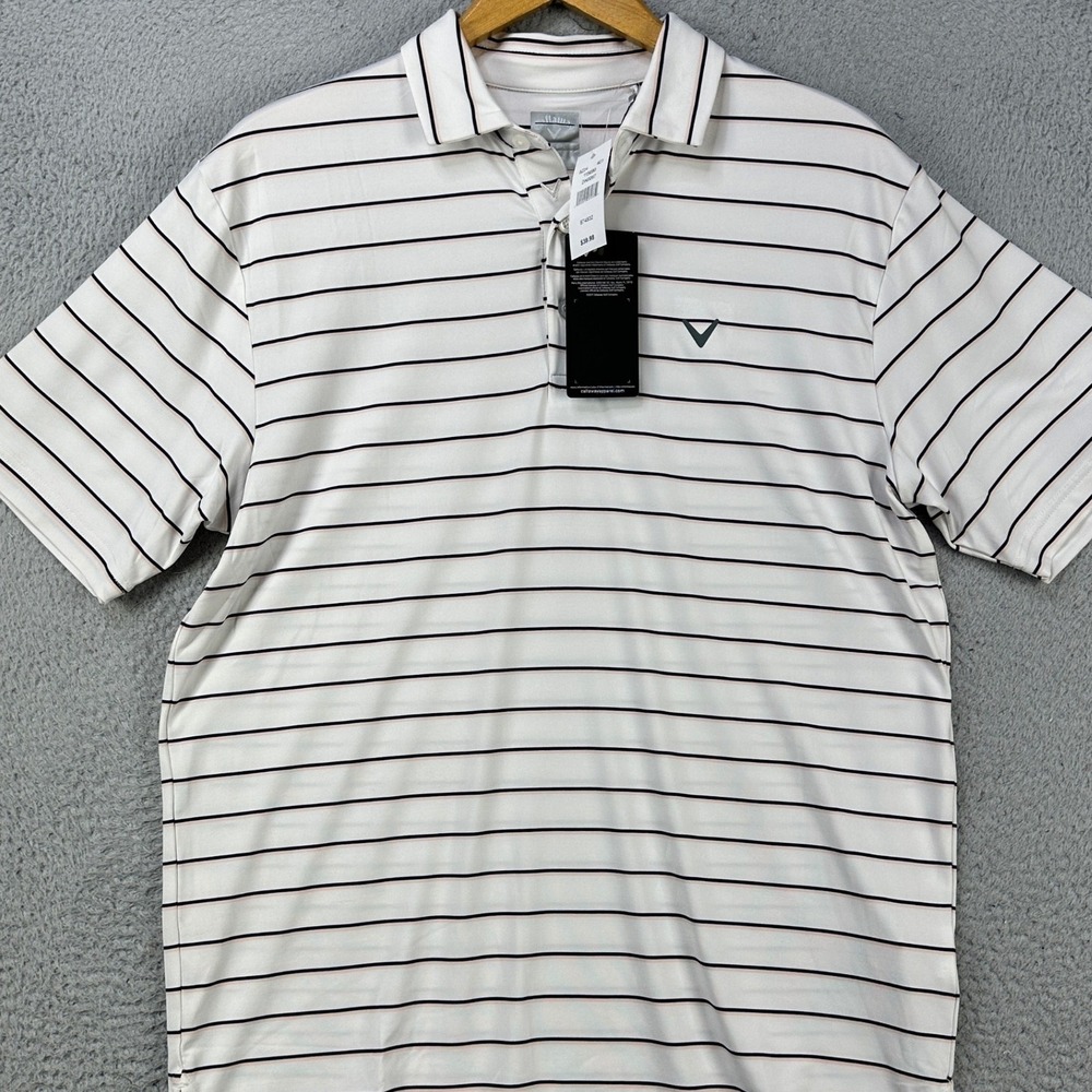 Callaway Mens Golf Polo Shirt Medium White Opti Dri Striped Stretch Rugby NEW